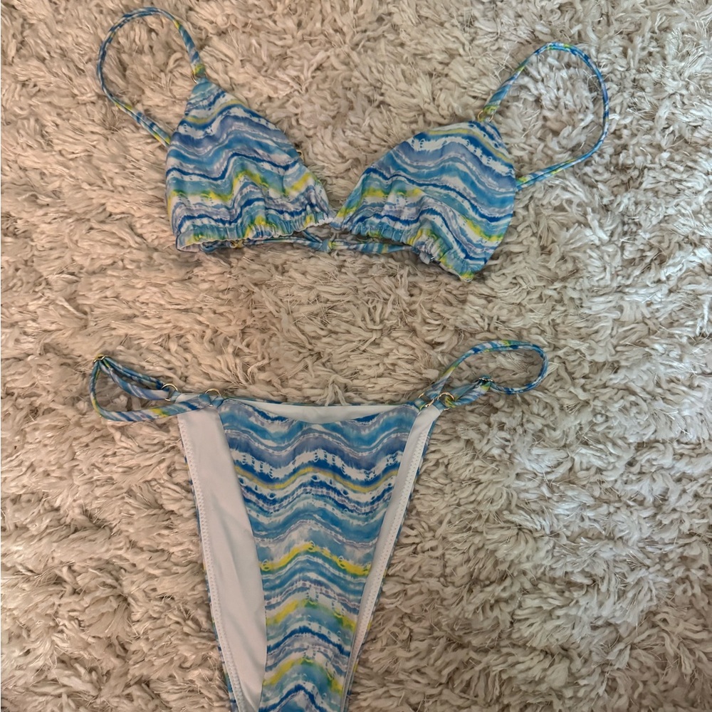 Blue and Green Striped Bikini Set